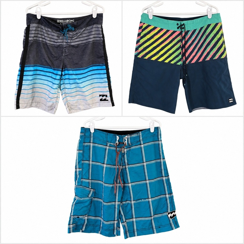 Billabong Lot of 3 Board Shorts Mens 34 Plaid Neon Stripe Blue Gray EUC